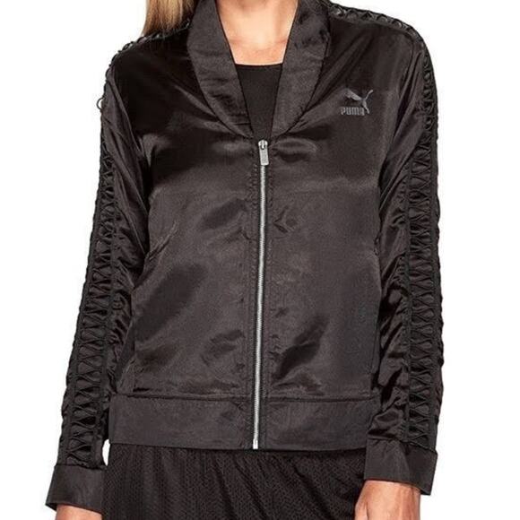 PUMA NWT Black Satin Lux T7 Full Zip Elastic Lightweight Jacket Pockets Size S - Picture 1 of 10